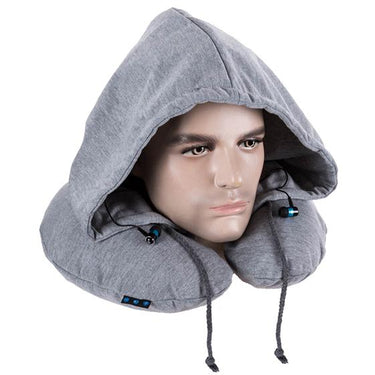 Deco Gear Hoodie Travel Pillow with built-in Bluetooth Earbuds, Grey