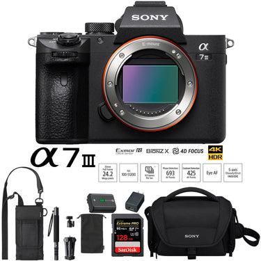 Sony a7III Full Frame Mirrorless ILC Camera and Monopod 128GB Memory Card Case Bundle