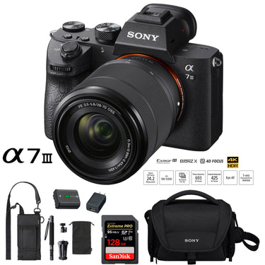 Sony a7III Full Frame Mirrorless ILC Camera w/ 28-70mm Lens Monopod 128GB Case Bundle