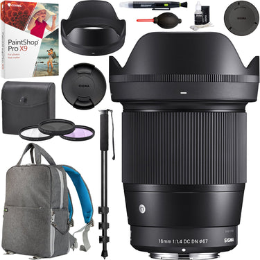 Sigma 16mm f1.4 DC DN Contemporary Lens for Sony E-Mount 67mm Filter Backpack Bundle