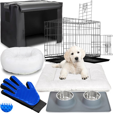 Deco Pet Parent Super Set w/ Folding Dog Cat Crate Orthopedic Bed Deshedding Glove & Bowl
