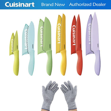 Cuisinart 12 Pcs Ceramic Coated Color Knife Set w/ Blade Guards + Safety Gloves