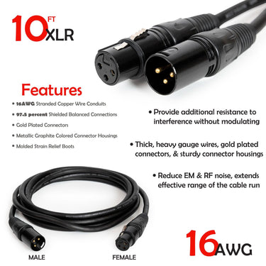 Deco Gear XLR 10' Male to XLR Female 16AWG Gold Plated Cable (2-Pack)