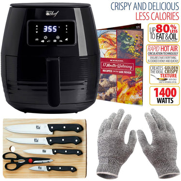 Deco Chef Digital 5.8QT Electric Air Fryer w/ Cut Resistant Gloves & Knife Set - Black