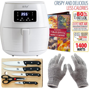 Deco Chef Digital 5.8QT Electric Air Fryer w/ Cut Resistant Gloves & Knife Set - White