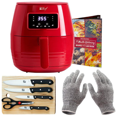 Deco Chef Digital 5.8QT Electric Air Fryer w/ Cut Resistant Gloves & Knife Set - Red