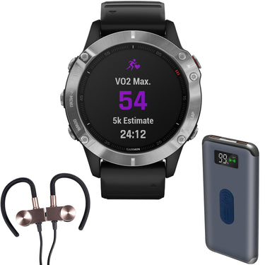 Garmin Fenix 6 (Silver with Black Band) + Wireless Sport Earbuds & More