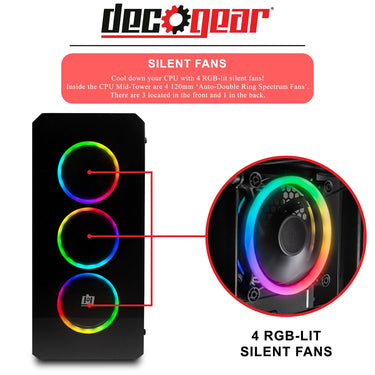 Deco Gear Mid-Tower PC Gaming Computer Case - Full Tempered Glass and LED Lighting
