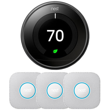 Google Nest Learning Thermostat 3rd Gen, Mirror Black w/ 3x Protect Smoke and CO Alarm