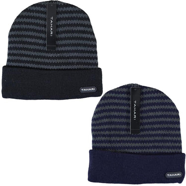 Tahari 2x Cuffed Knit Winter Beanie Ski Hat Insulated With Faux Fur(Unisex)(Black&Navy)