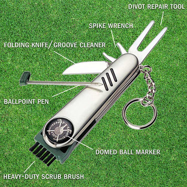 Deco Essentials Stainless Steel 7-in-1 Multi-Function Golf Tool - Fix Divots, Clean Clubs, Play