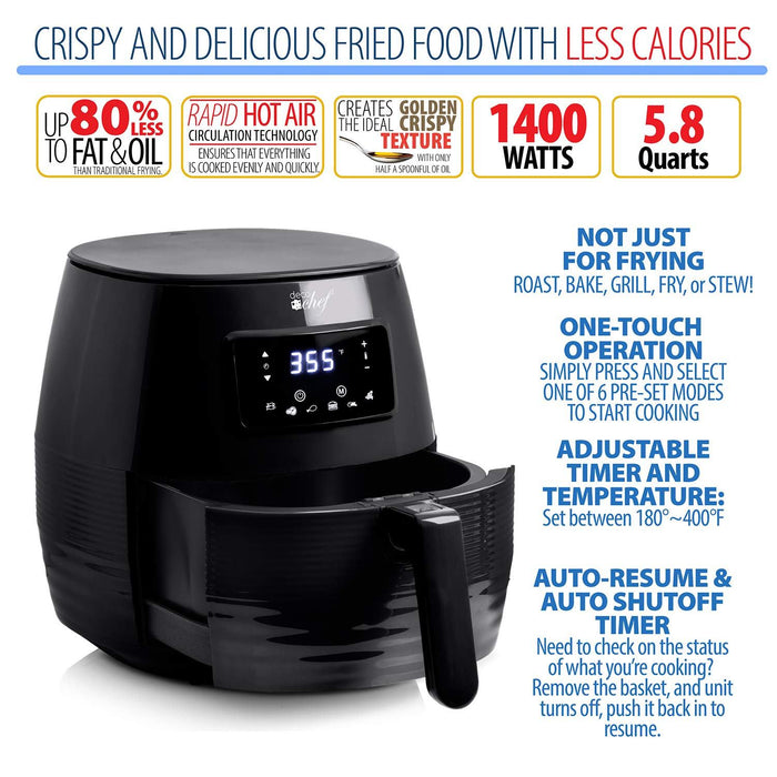 Deco Chef Digital 5.8QT Electric Air Fryer - Healthier & Faster Cooking - Black