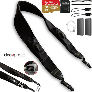 Deco Photo Mirrorless & DSLR Universal Power Strap w/ Built In Camera Charger + 32GB Card