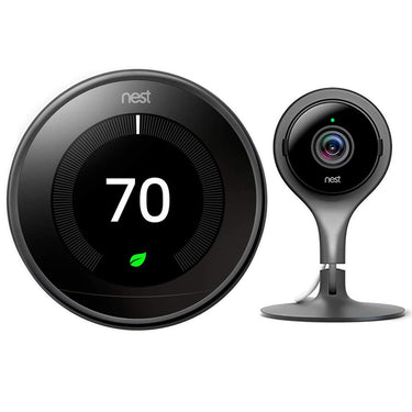 Google Nest Learning Smart Thermostat 3rd Gen Mirror Black T3018US + Nest Cam Indoor Camera