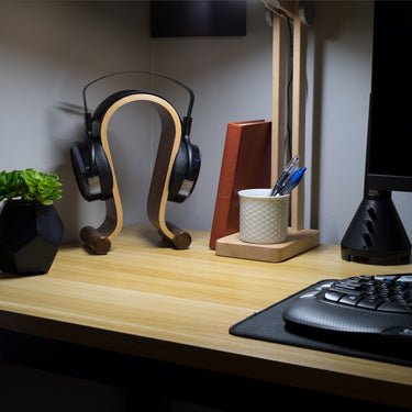 Deco Gear Wood Headphone Display Stand Secure Tabletop Holder w/ Hard Travel Case