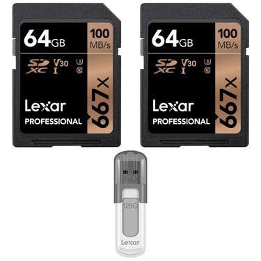 Lexar 2-Pack Professional 667x 64GB SDXC UHS-3 Class 10 Memory Card w/ 128GB USB