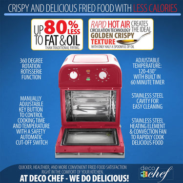 Deco Chef XL 12.7QT Oil Free Air Fryer Convection Oven Multi-Function X-Large Capacity Red
