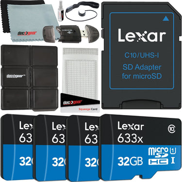 Lexar 4 Pack 633x 32GB (128GB Total) MicroSDHC UHS-I Memory Cards + SD Adapter Bundle
