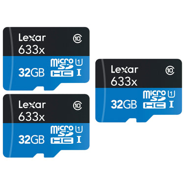 Lexar 3 Pack 633x 32GB (96GB Total) MicroSDHC UHS-I Memory Cards + SD Adapter Bundle