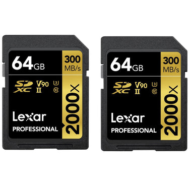 Lexar Pack of 2 Professional 2000x 64GB (128GB Total) SDXC UHS-II Memory Cards Bundle