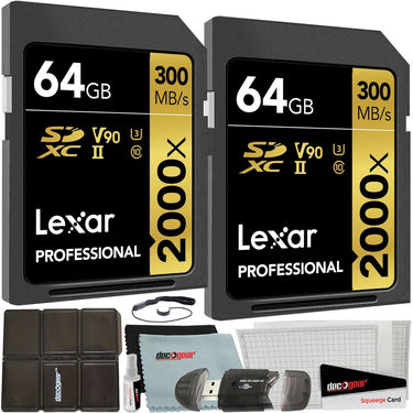 Lexar Pack of 2 Professional 2000x 64GB (128GB Total) SDXC UHS-II Memory Cards Bundle