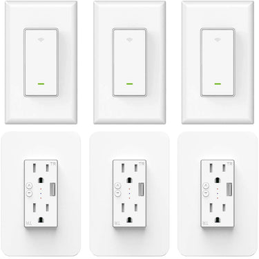 Deco Essentials 3x WiFi Smart Light Switch w/ 3x Smart Wall Outlet Plug