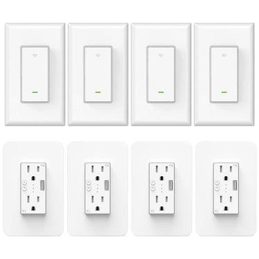 Deco Essentials 4x WiFi Smart Light Switch w/ 4x Smart Wall Outlet Plug
