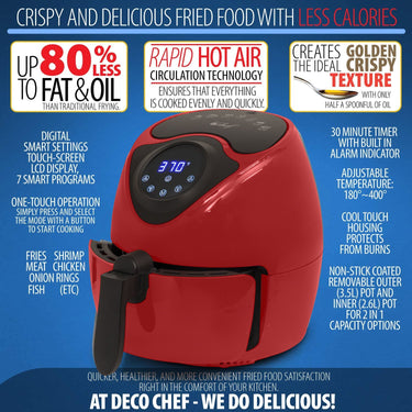 Deco Chef 3.7QT Personal Digital Air Fryer, 7 One-Touch Cooking Programs, 1300W, Red