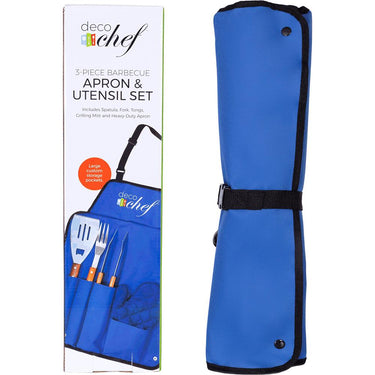 Deco Gear 3 Piece BBQ Tool Set with Apron, Spatula, Tongs, Fork & Mitt Open Box