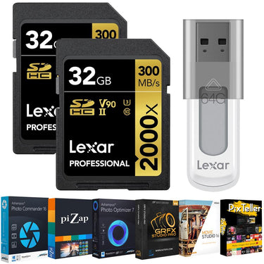 Lexar Pro 2000x UHS-II Memory Card 32GB Card 2-Pack + Editing Suite & 64GB Drive