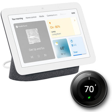 Google Nest Hub Display w/ Google Assistant, Charcoal (2nd Gen) + Learning Thermostat Black