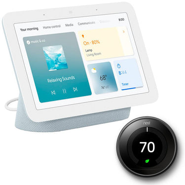 Google Nest Hub Display w/ Google Assistant, Mist (2nd Gen) + Learning Thermostat Black