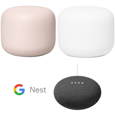 Google Nest Wifi Router + Access Point 2-Pk (Sand) Bundle with Mini Smart Speaker