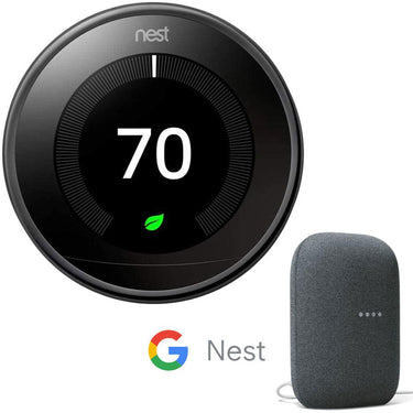 Google Nest 3rd Gen Learning Thermostat (Black) T3018US Bundle with Smart Speaker (Charcoal)