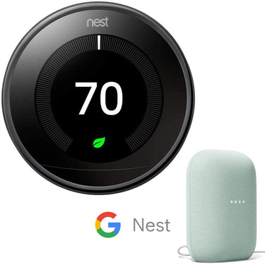 Google Nest 3rd Gen Learning Thermostat (Black) T3018US Bundle with Smart Speaker (Sage)