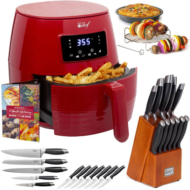 Deco Chef Digital 5.8QT Electric Air Fryer (Red) Bundle with Gourmet 12-Piece Knife Set
