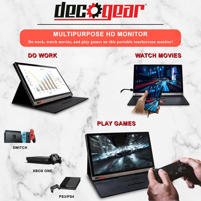 Deco Gear 15.6" Portable Monitor 1080p IPS Rechargeable Touchscreen, Speakers, USB-C, HDMI