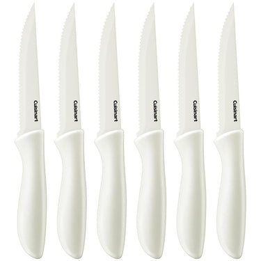 Cuisinart Advantage 6Pc Serrated Steak Knife Set, White +Safety Gloves +Knife Sharpener