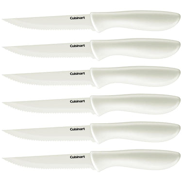 Cuisinart Advantage 6Pc Serrated Steak Knife Set, White +Safety Gloves +Knife Sharpener