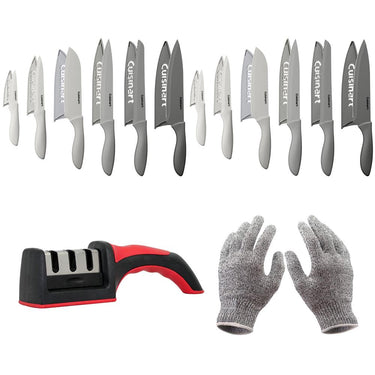 Cuisinart Advantage 12Pc Gray Knife Set (2-Pack) + Safety Gloves + Knife Sharpener
