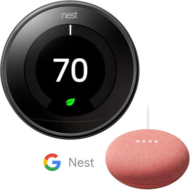 Google Nest Learning Thermostat 3rd Gen, Mirror Black Bundle with Mini Speaker (Coral)