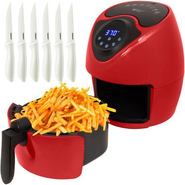 Deco Chef 3.7QT Electric Oil-Free Digital Air Fryer, Red + 6-Pcs Steak Knife Set White