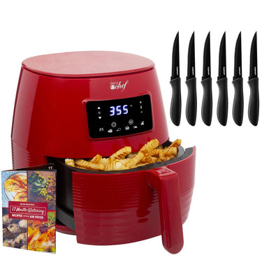 Deco Chef Digital 5.8QT Electric Air Fryer Healthier Cooking Red + 6-Pcs Knife Set Black