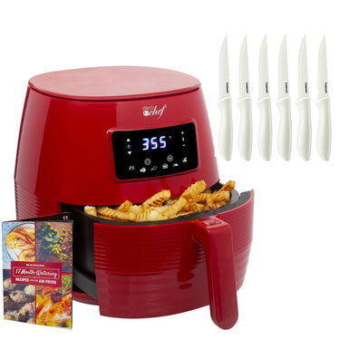 Deco Chef Digital 5.8QT Electric Air Fryer Healthier Cooking Red + 6-Pcs Knife Set White