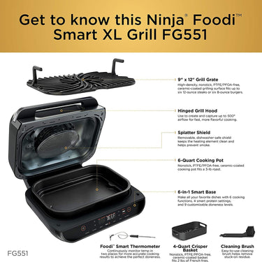 Ninja FG551 Foodi Smart XL 6-in-1 Indoor Grill w/ 4-Quart Air Fryer - Factory Renewed