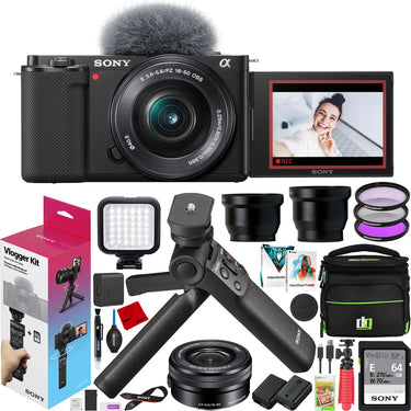 Sony ZV-E10 Mirrorless Vlog Camera + 16-50mm Lens + ACCVC1 Vlogger Kit Black Bundle