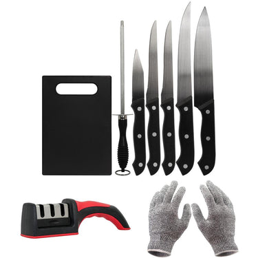 Deco Essentials 5pc Knife Set w/Board & Sharpening Steel +Gloves+Knife Sharpener