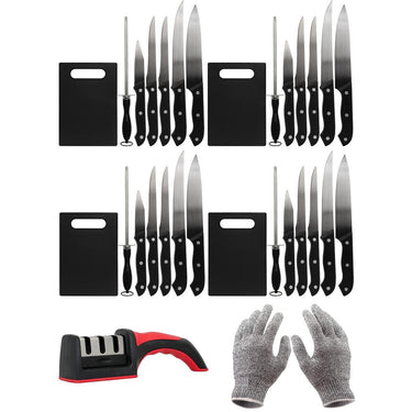 Deco Essentials CK6PC Knife Set w/Board (4-Pack) +Safety Gloves +Knife Sharpener