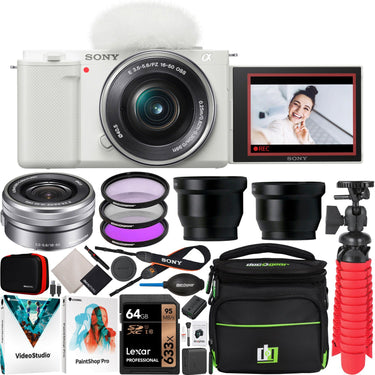Sony ZV-E10 Mirrorless Vlog Camera Body + 16-50mm F3.5-5.6 Zoom Lens Kit White Bundle