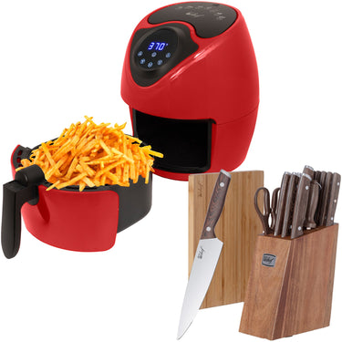 Deco Chef 3.7QT Electric Oil-Free Digital Air Fryer, Red + Deco Chef 16-Piece Knife Set